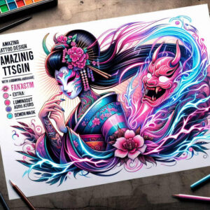 Geisha wearing a blue-purple kimono with pink flowers, facing left; neon pink and blue demon behind; full-color tattoo project; not suitable for cover-up.