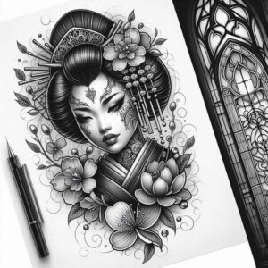 Geisha portrait in black and grey with flowers, lotus, hairpins, and a stained-glass panel motif; tattoo project idea; suitable for cover-up.