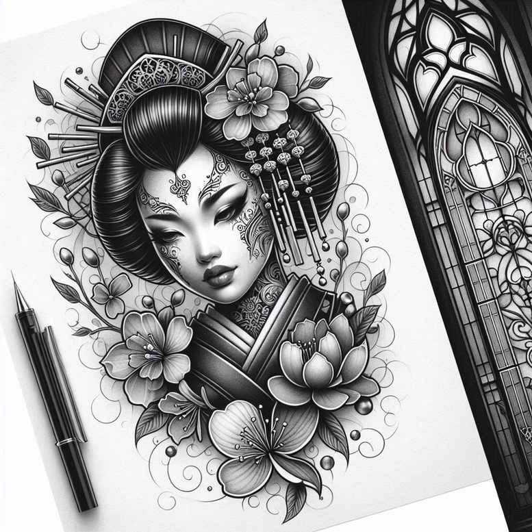 Geisha portrait in black and grey with flowers, lotus, hairpins, and a stained-glass panel motif; tattoo project idea; suitable for cover-up.