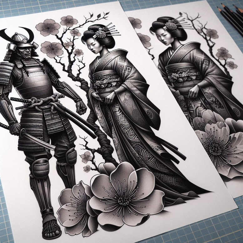 Samurai in black and grey armor beside a geisha in a detailed kimono with katana blades, blooming flowers; tattoo design idea; cover-up suitable.