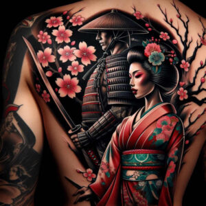 Geisha in a red kimono beside a samurai in dark armor with a sword, pink blossom branches; full-color tattoo design; project idea; not ideal for cover-up.