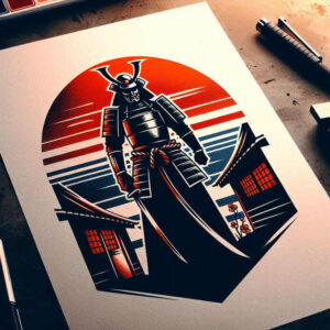 Samurai in armor stands with two swords before a circular sun, flanked by stylized buildings; black, navy, and red ink; AI-generated tattoo project; cover-up suitable.