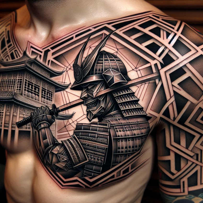 Black and grey tattoo showing helmet, katana, and armor of a samurai against a geometric background; AI-generated tattoo project; suitable for a cover-up.