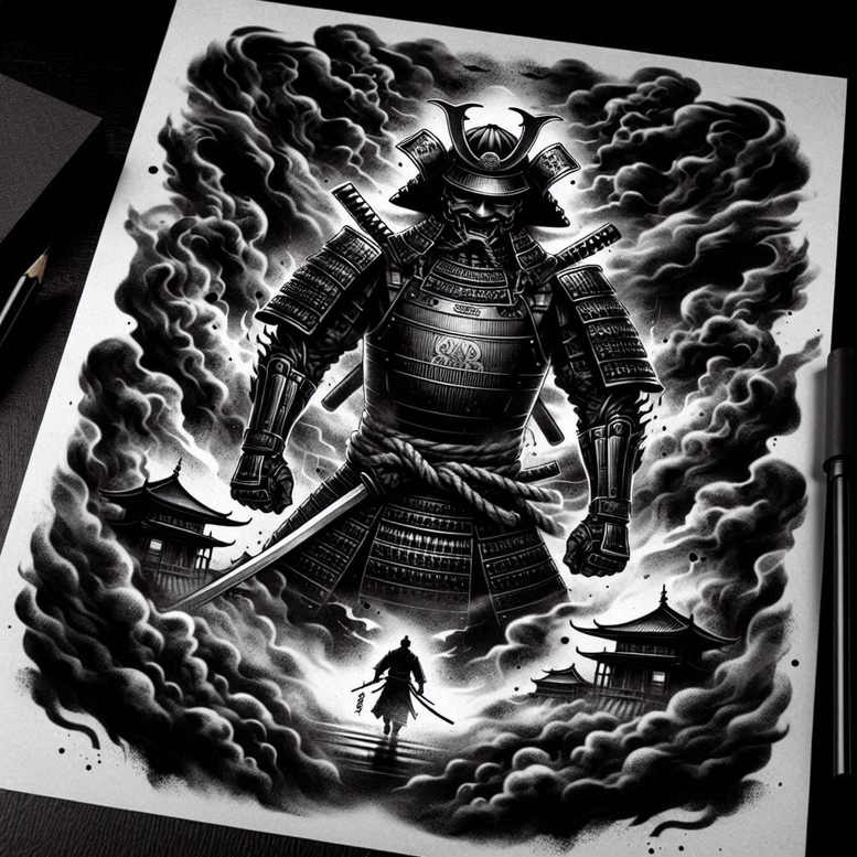 Black and grey illustration of a towering samurai in full armor with a drawn katana, highlighted armor pattern, surrounded by clouds and distant torii gates; AI-generated tattoo project, ideal for a cover-up.