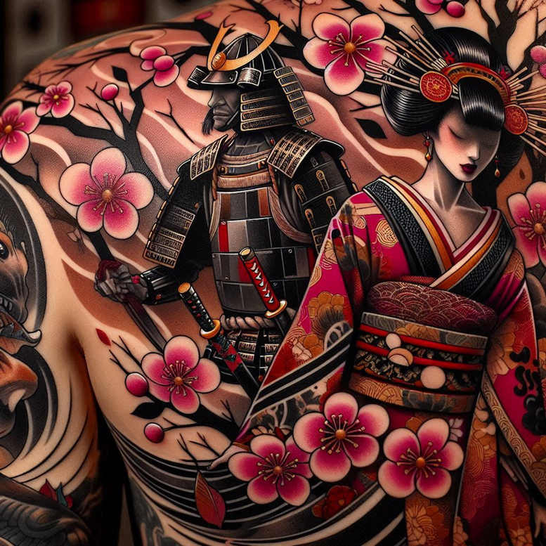 Samurai, geisha, kimono, armor, katana, blossom, branch in full color with black and grey shading; pattern-rich cover-up project; suitable for cover-up.