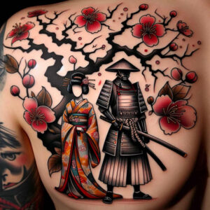 Geisha and samurai under a blooming cherry tree with pink blossoms; colorful kimono and black armor, bold branch work.