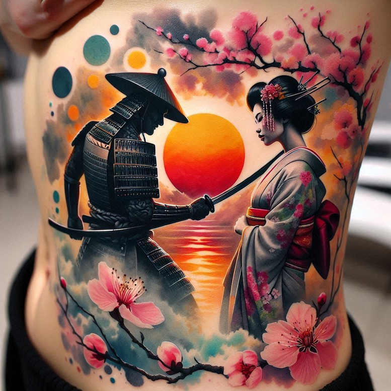 Samurai in black armor with a geisha in a colorful kimono facing a red-orange sun, surrounded by pink cherry blossoms; full-color tattoo design, pattern elements, suitable for a cover-up.