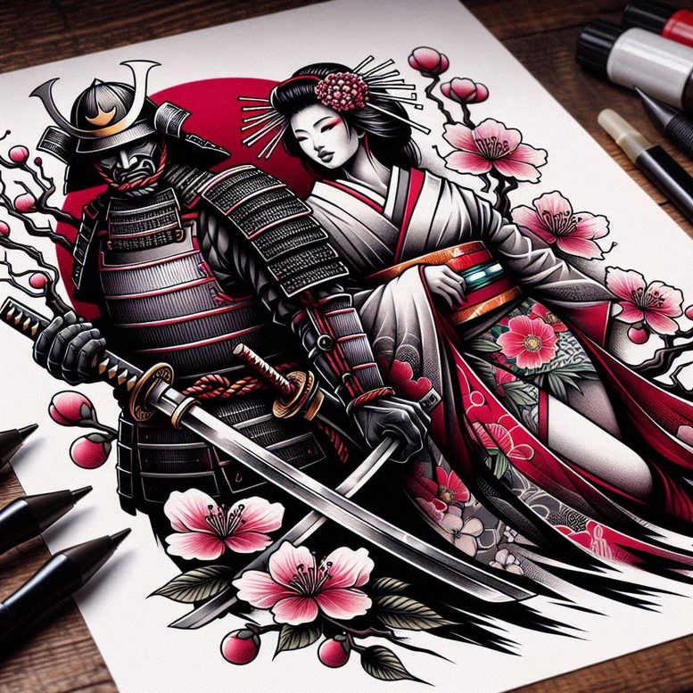 Samurai and geisha in traditional attire with katana blades, pink cherry blossoms on a bold red sun; full color AI-generated tattoo project; suitable for a cover-up.