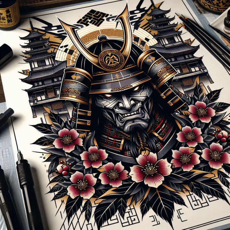 Samurai helmet and mask in gold, black, and red with pink sakura flowers and dark pagodas; color tattoo project, suitable for cover-up.