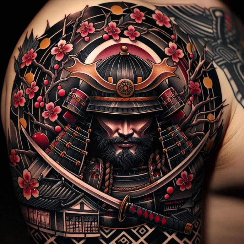 Samurai helmet, katana, blossom, branch, and traditional house in black and grey shading; AI-generated tattoo project, suitable for cover-up.