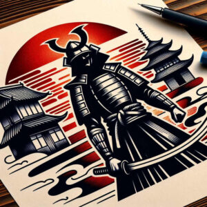 A black and grey Japanese-style samurai robot with a sword, pagoda, and red sun in the background; AI-generated tattoo project; ideal cover-up.