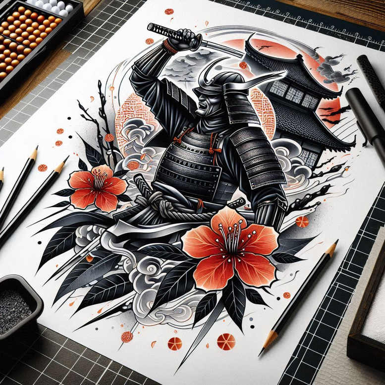 Samurai in black armor wielding a katana with a pagoda backdrop, red hibiscus flowers and dark leaves; black and grey ink tattoo design project; suitable for a cover-up.