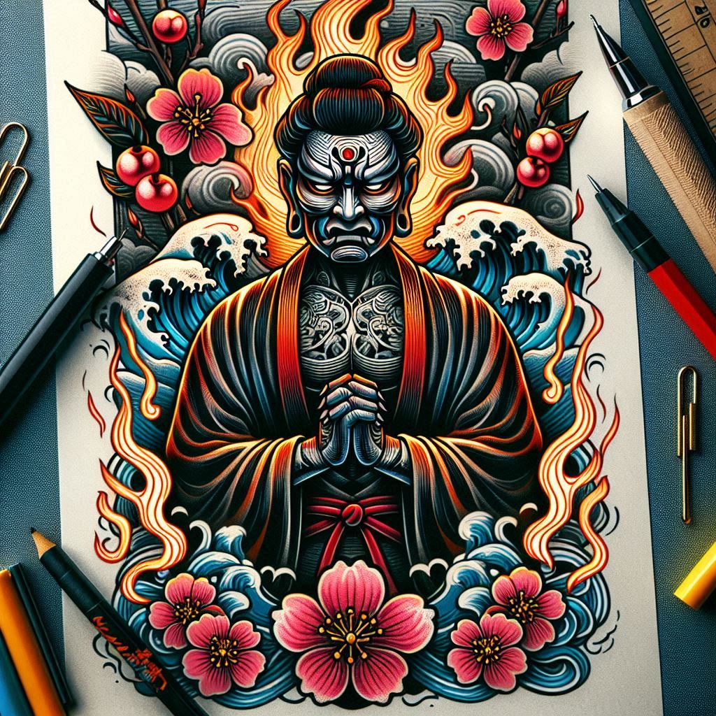 Monk figure in full color with orange flames, blue waves, pink flowers, red robe, and hands in prayer; tattoo design project; suitable for cover-up: no.