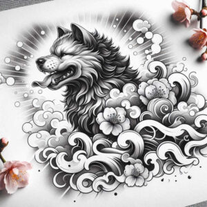 Wolf head in black and grey with clouds and flowers; AI-generated tattoo project; cover-up suitable; pattern-rich.
