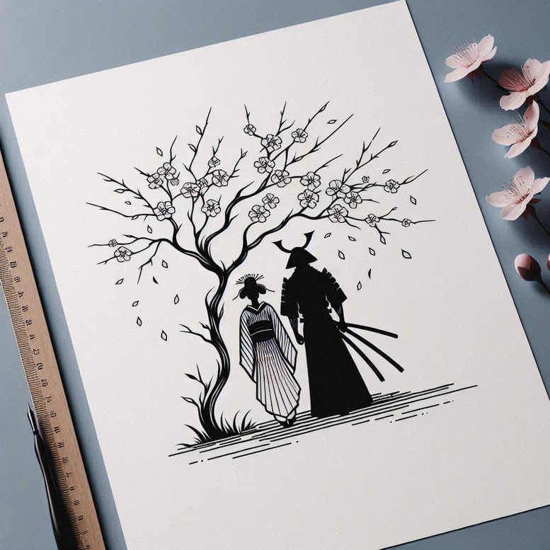 Black and grey tattoo project: tree with blossoms, kimono-clad woman, samurai with swords, on white paper; not a cover-up.