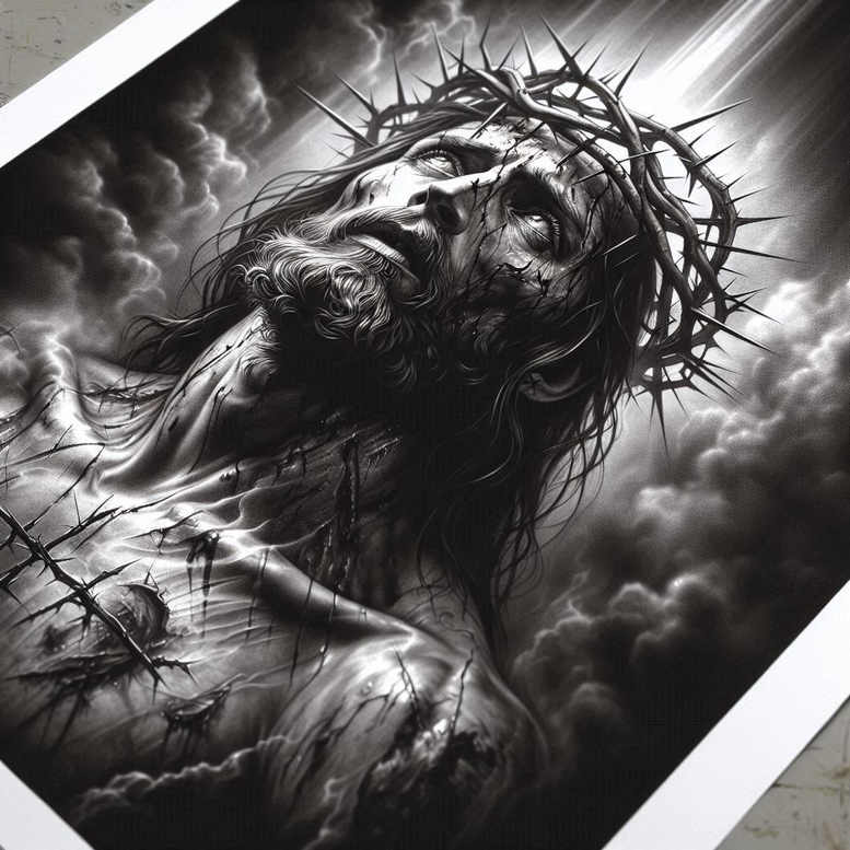 jesus-christ-symbol – tattoo design ideas free ai generated – light-and-shadow-play – for-upper-arm – Gallery: jesus-inkby-ai