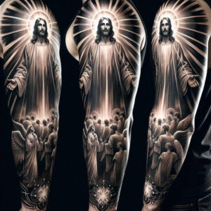 jesus-grace-tattoo – tattoo design ideas free ai generated – realistic-gleam – for-lower-thigh – Gallery: jesus-inkby-ai