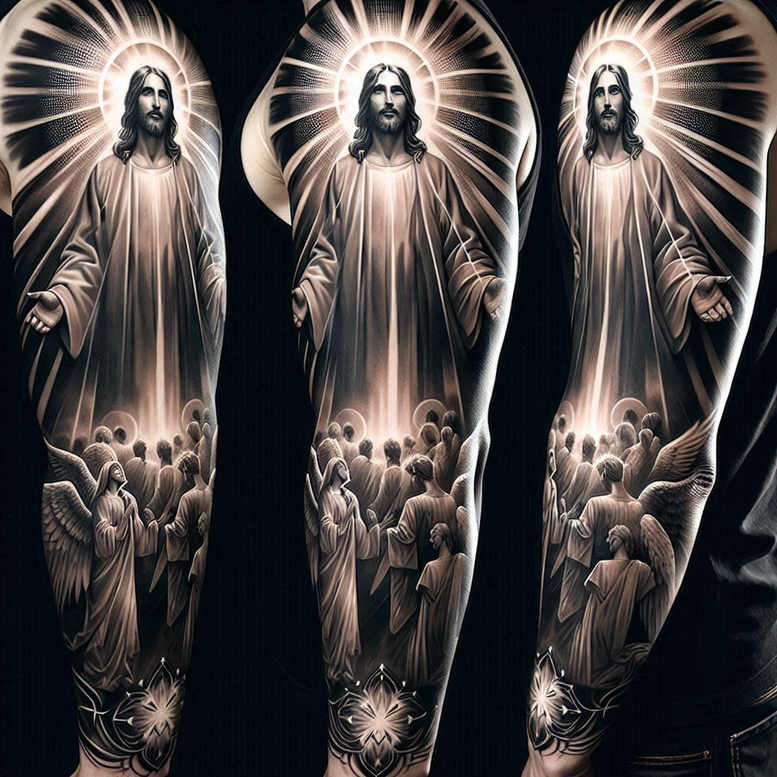 jesus-grace-tattoo – tattoo design ideas free ai generated – realistic-gleam – for-lower-thigh – Gallery: jesus-inkby-ai