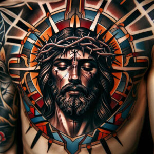 jesus-holy-love-tattoo – tattoo design ideas free ai generated – realistic-contrast – for-back-shoulder – Gallery: jesus-inkby-ai
