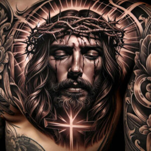 jesus-salvation-tattoo – tattoo design ideas free ai generated – skin-texture – for-sternum – Gallery: jesus-inkby-ai