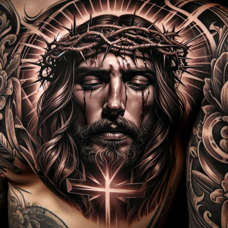 jesus-salvation-tattoo – tattoo design ideas free ai generated – skin-texture – for-sternum – Gallery: jesus-inkby-ai