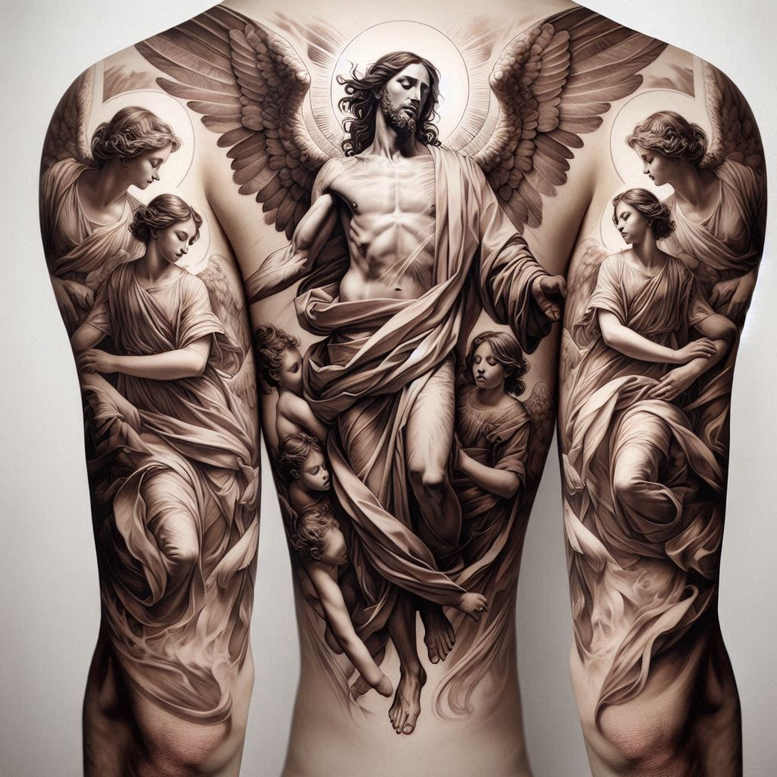 jesus-with-cross – tattoo design ideas free ai generated – subtle-gradients – for-elbow – Gallery: jesus-inkby-ai