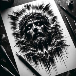 jesus-with-crown-of-thorns – tattoo design ideas free ai generated – moist-gloss – for-upper-arm – Gallery: jesus-inkby-ai