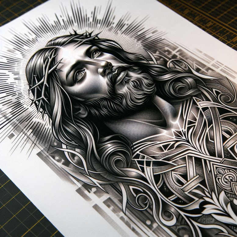 Jesus portrait with crown of thorns, halo rays, flowing hair, and Celtic knotwork in black and grey; AI-generated tattoo project idea, cover-up ready.