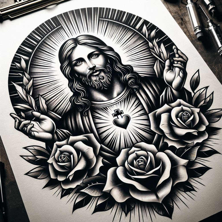Black and grey tattoo design of Jesus with a radiant heart and cross on the chest, halo behind, surrounded by roses and leaves; project idea, cover-up suitable.