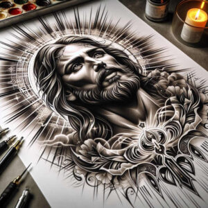 Black and grey Jesus head with halo and rays, surrounded by flowers and ornamental knotwork; AI-generated tattoo project; ideal cover-up.