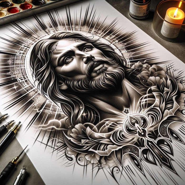 Jesus portrait in black and grey with crown of thorns and radiant halo; a cover-up ready tattoo project.
