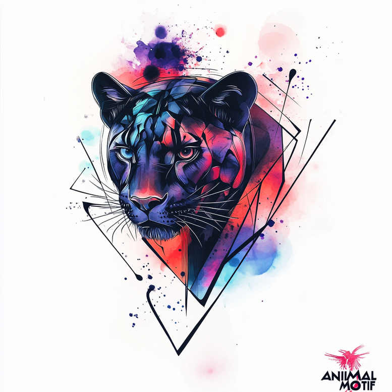Tiger head with blue and pink watercolor inside a geometric pattern triangle; colorful design; AI-generated tattoo project.