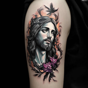 jesus tattoo design ideas realistic divine for upper shoulder
