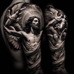 jesus tattoo design ideas Surrealism subconscious themes sacred for inner arm