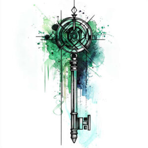 Key tattoo design with circular geometric top and green-blue watercolor splash; black linework; AI-generated tattoo project; suitable for cover-up.