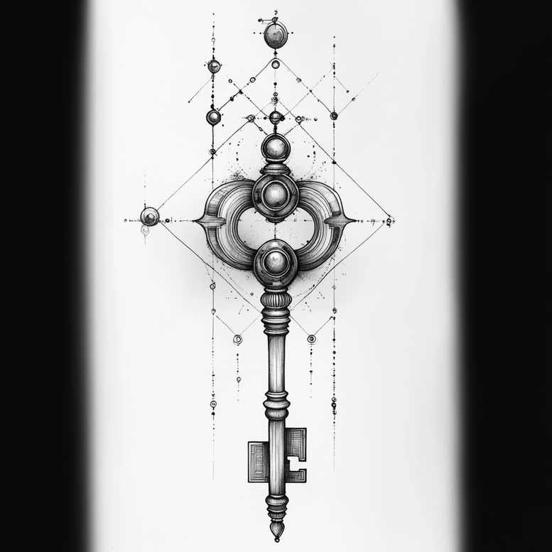 Key with ornate head and shaft, circular orbs, diamonds, and geometric pattern lines in black and grey on white; tattoo project.