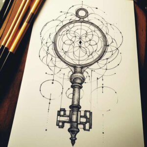 Key-shaped mandala tattoo concept with circular head, geometric rings, beads, and hanging lines; black ink on white, a clean project idea for a tattoo design.