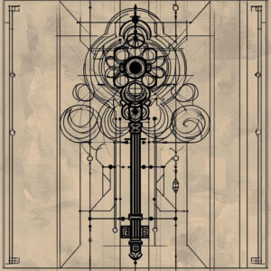 Key with geometric circles and lines in black ink on beige background; AI-generated tattoo project concept; suitable for a cover-up