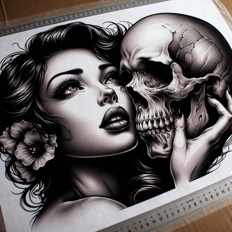 Black and grey tattoo design featuring woman, skull, flower; project; cover-up suitable.