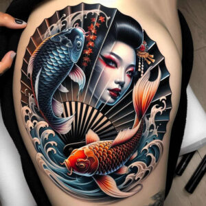 Geisha portrait with blue koi, orange koi, black fan, and curling waves in full color; pattern-centric tattoo project.