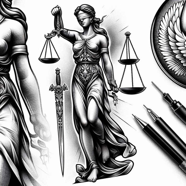The grayscale Themis-inspired statue holding scales and a sword, rendered in black and grey; a project concept perfect for cover-up.