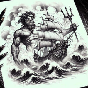 Black and grey tattoo design featuring a muscular sea god with a trident, a sailing ship, roaring waves, and storm clouds; cover-up-ready concept.