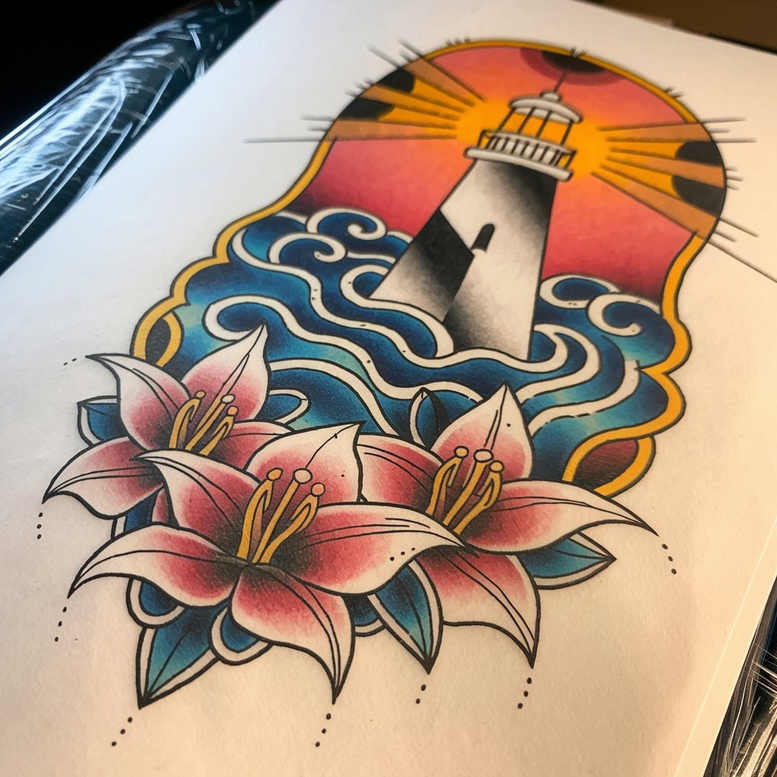 Lighthouse, waves, and pink lilies in full color; tattoo design idea, not suitable for a cover-up.