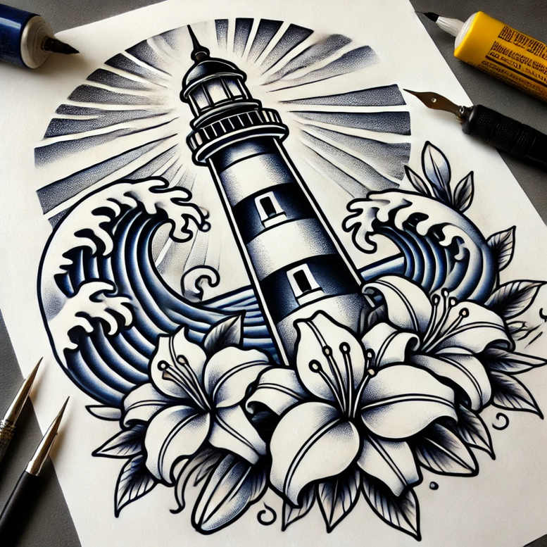 Lighthouse centered in crashing waves with hibiscus blooms and leaves in black and grey ink on white paper; tattoo design idea, suitable for a cover-up.