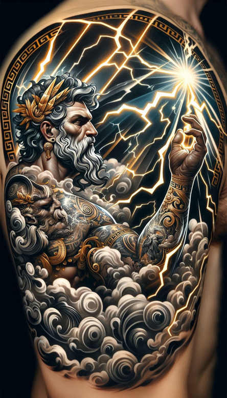 God figure with grey beard and golden crown, raising a yellow lightning bolt amid dark clouds, circled by a Greek-key border; full-color back tattoo; project; cover-up-ready.