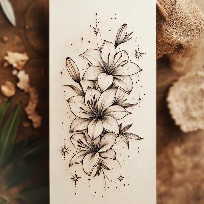 Black and grey lily flowers with leaves and star accents in a vertical tattoo design; AI-generated tattoo project.
