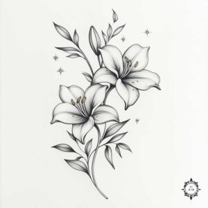 Black and grey lily tattoo design with two lilies, stems, leaves, buds, small stars, and a decorative stamp; project idea.