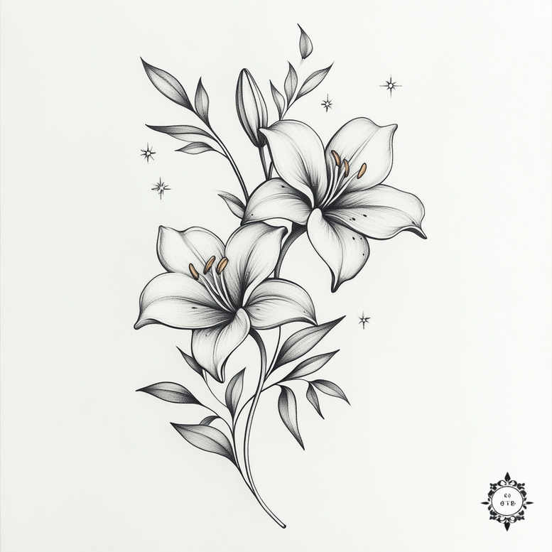 Black and grey lily tattoo design with two lilies, stems, leaves, buds, small stars, and a decorative stamp; project idea.