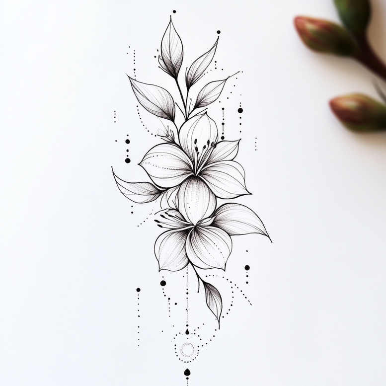 Black and grey tattoo design featuring a lily, leaves, and stems with dotwork accents; project idea; suitable for ink.