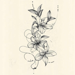 Lily and leaf botanical illustration in black and grey line art; design concept for a tattoo project; not intended for cover-up.